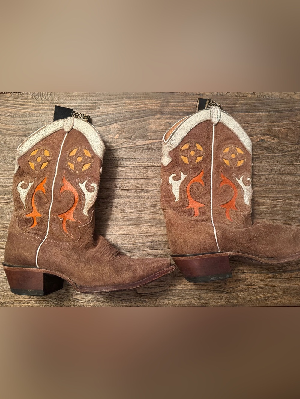 Women’s Justin Brown Suede Cowboy Boots with Orange, Yellow, Cream Embroidery 7